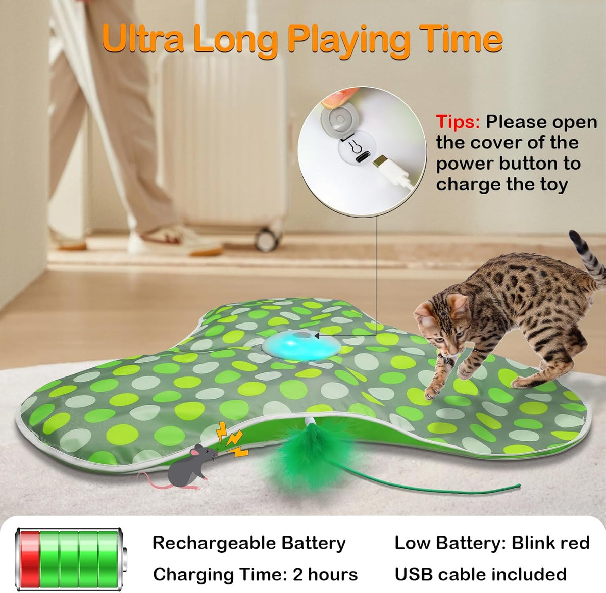 Interactive Cat Toys Rechargeable,Moving Concealed Feathers,Real Mouse Squeaky,Touch Activated Cat Kitten Toy Exercise Toys for Indoor Bored Adult Cats