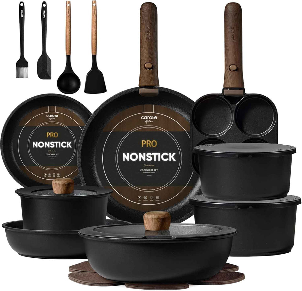 CAROTE 19pcs Pots and Pans Non Stick, Cookware Sets Detachable Handle, Induction Kitchen Pots and Pans,NonStick Cooking Set, Oven/Dishwasher/Fridge Safe, Space Saving