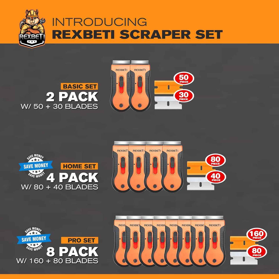 rexbeti razor blade scraper tool, 2 pack, cleaning scraper with extra 80pcs razor blades and 50pcs plastic blades for cooktops paint glass