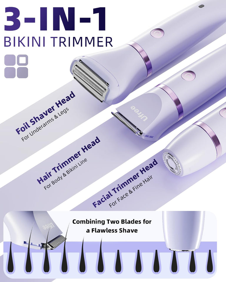 Ufree Bikini Trimmer Electric Razors for Women, Rechargeable PLbic Body Hair Trimmer Electric Shaver for Legs Body Hair, Bikini Shaver IPX7 Waterproof, Gifts for Women, PLrple
