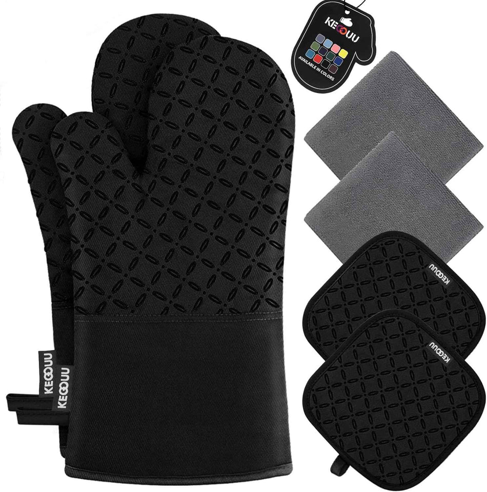 KEGOUU Oven Mitts and Pot Holders 6pcs Set, Kitchen Oven Glove High Heat Resistant 500 Degree Extra Long Oven Mitts and Potholder with Non-Slip Silicone Surface for Cooking (Grey)