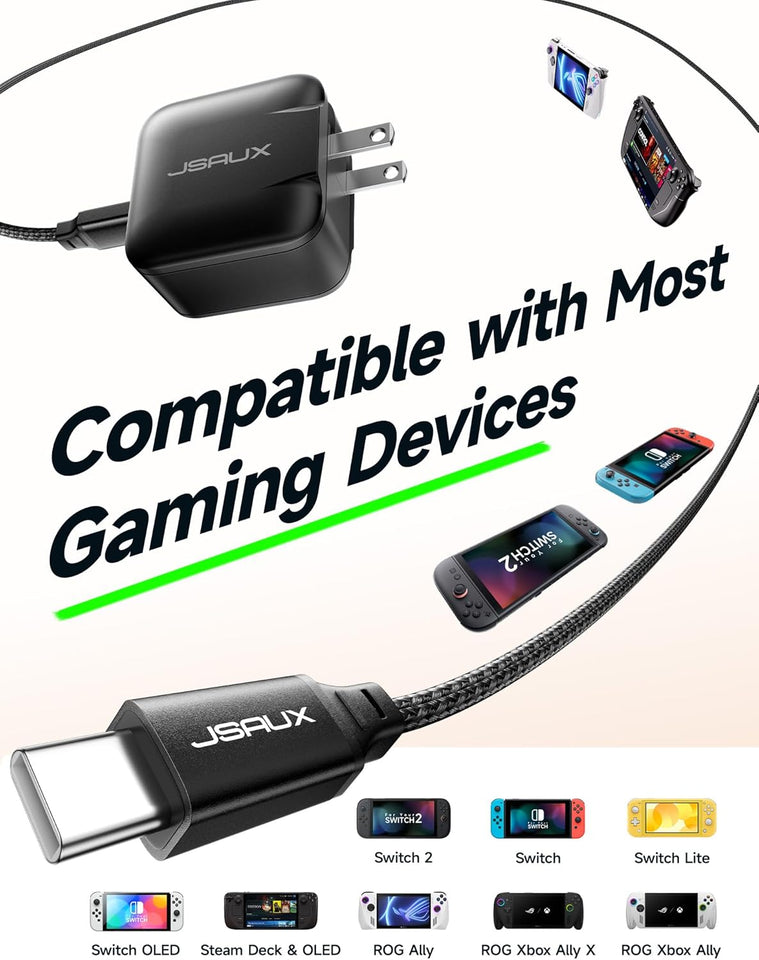 JSAUX 65W GaN USB C Charger for Nintendo Switch 2, Powers in TV Mode, with EU/UK Plug & 6.6FT Cable for ROG Xbox Ally, Steam Deck, ROG Ally, iPhone 17e/17, Galaxy S26, Tablet & Laptop – Black