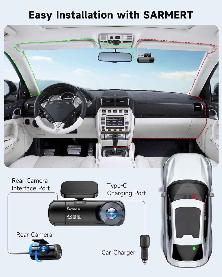 SARMERT 4K 3 Channel Dash Cam, Dash Cam Front and Rear C3, Free 64GB Card, 4K+1080P+1080P Dashcam, G-Sensor, WDR, APP, 5G WiFi, Night Vision, 24H Parking Monitor