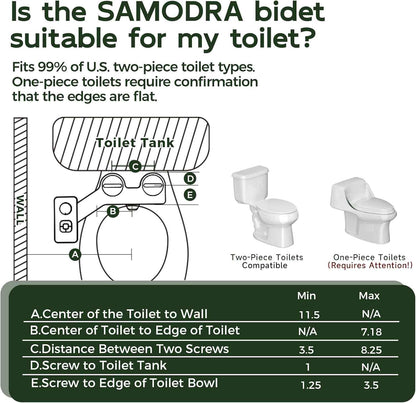 Samodra non-electric cold water bidet toilet seat attachment with pressure controls, retractable nozzles, black finish.