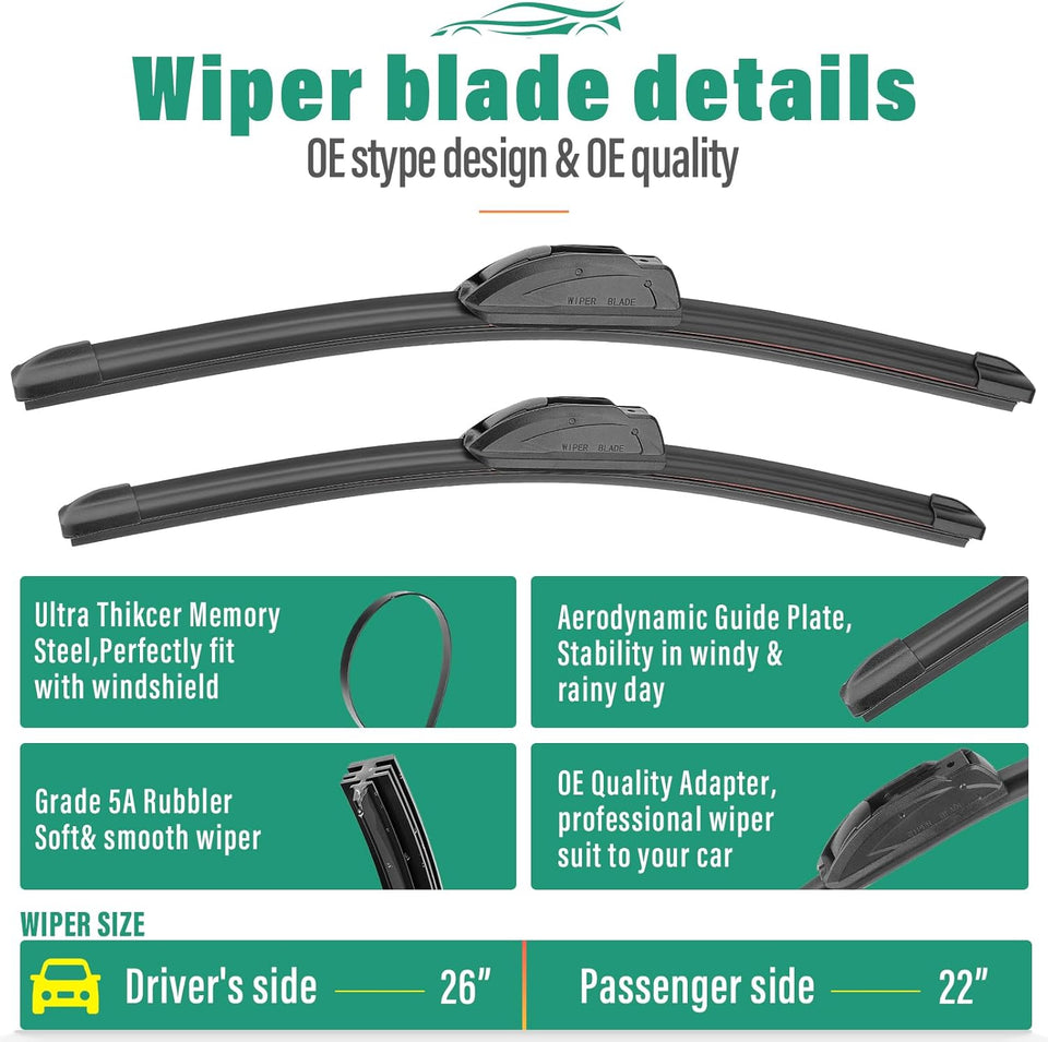 26" 22" 16" Windshield Wiper Blades Replacement for Honda Odyssey 2005-2023 2024 2025 Premium All Weather Front Rear Wipers Set - OEM Quality (Pack of 3)