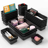 10 PCS Drawer Organizer Set, 4 Size Makeup Drawer Divider Organizer With Non-Slip Pads, Interlocking Plastic Storage Bins for Office,Jewelry Vanity,Gadgets, Bathroom,Kitchen, Black