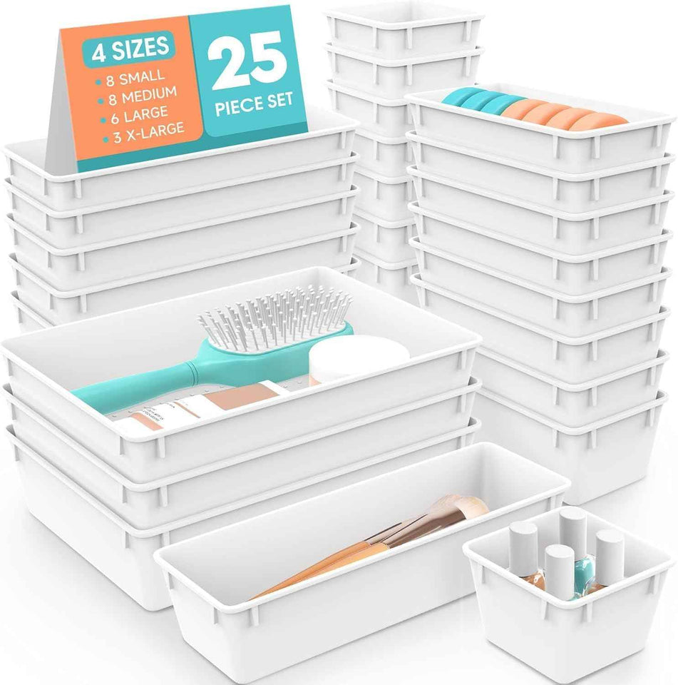 25 PCS Plastic Drawer Organizer Set, 4-Size Versatile Organizer Trays & storage Bins for Makeup, Jewelry, and Gadgets in Bathroom, Bedroom and Office,Clear Black