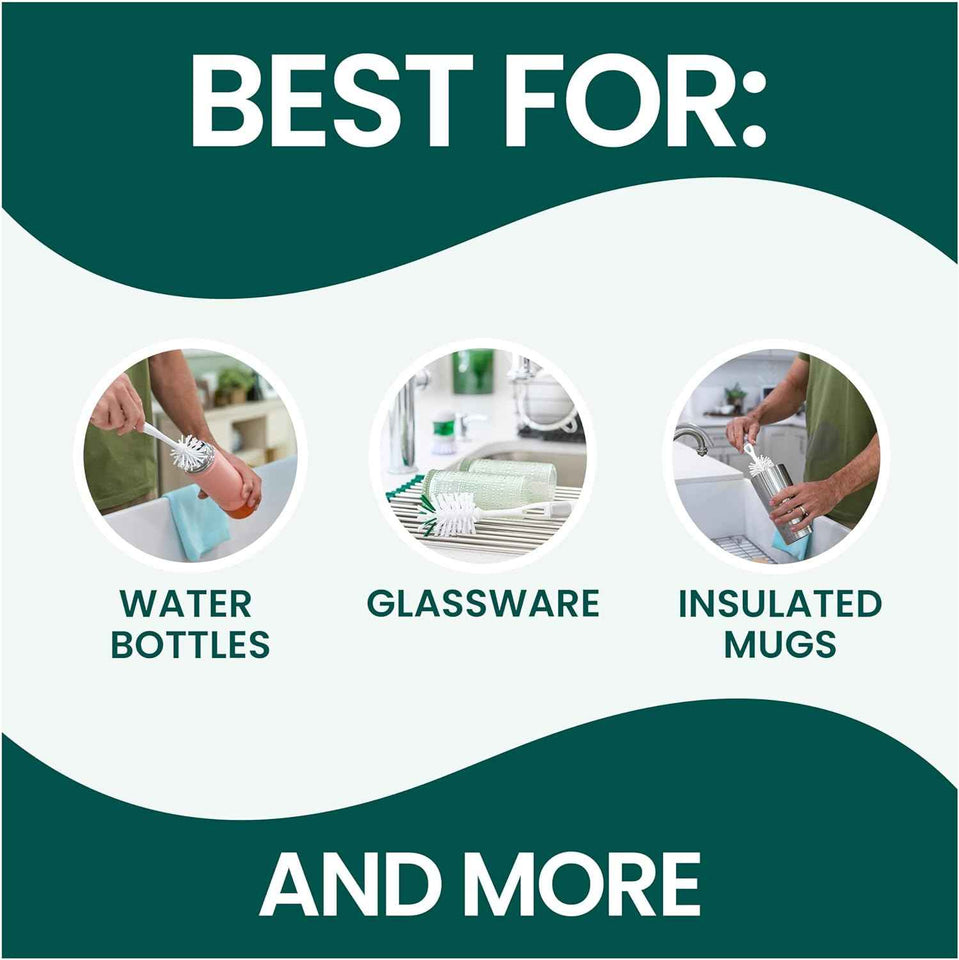 Scotch-Brite Glass and Water Bottle Brush, Long-Lasting, Safe on Glassware, Shaker Bottles, Food Processors, & More, Non-slip handle, Durable, Reusable, Clean in Top Rack of Your Dishwasher