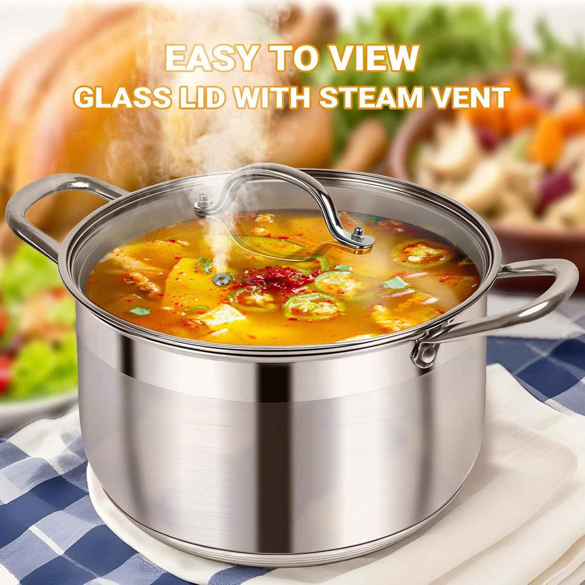 Kirecoo Stainless Steel Stock Pot - 8 Quart Heavy Duty Induction Cooking Pot with Visible Lid for Pasta, Soup, Spaghetti, Nonstick Thick Bottom Big Stockpot, Deep Cookware for Canning, Boiling, Simmer