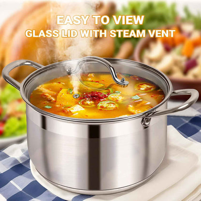 Kirecoo Stainless Steel Stock Pot - 8 Quart Heavy Duty Induction Cooking Pot with Visible Lid for Pasta, Soup, Spaghetti, Nonstick Thick Bottom Big Stockpot, Deep Cookware for Canning, Boiling, Simmer