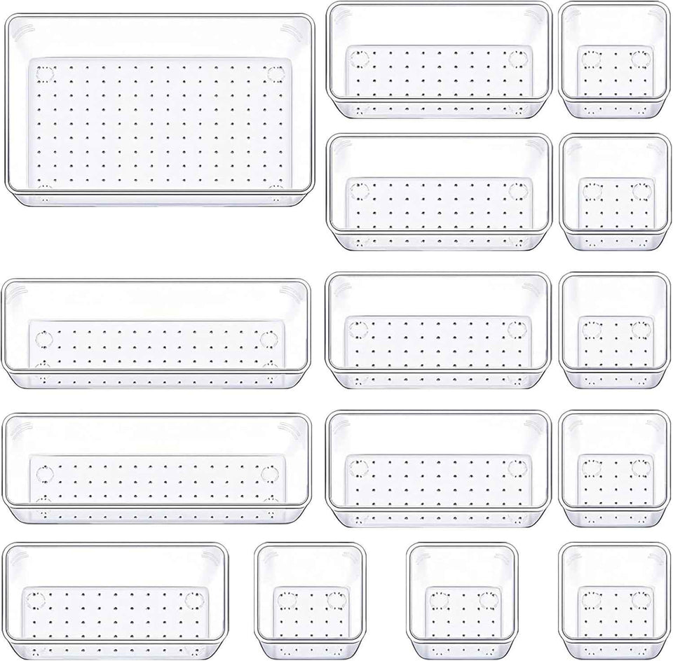 Drawer Organizers Set of 15, 4 Sizes Clear Plastic Drawer Organizers and Storage Bins for Kitchen, Bathroom, Office, Dresser Desk Drawer Organizer Tray for Jewelry, Makeup, Junk, Gadgets