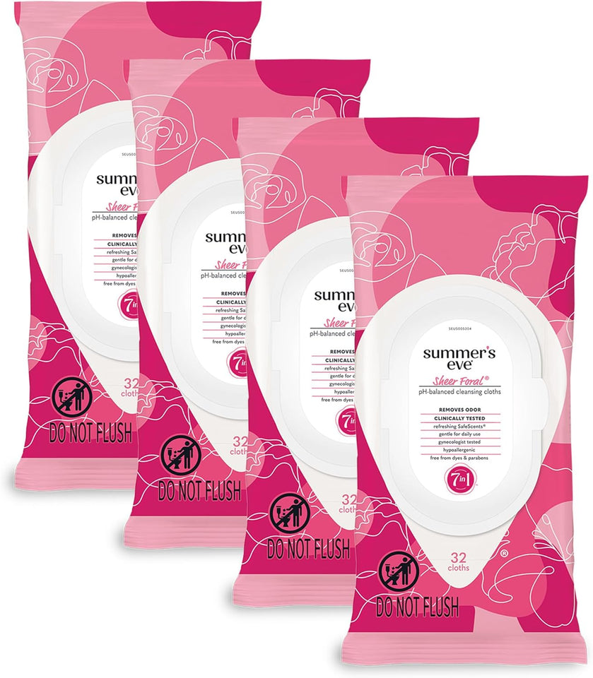 Summer's Eve Simply Sensitive feminine wipes, gentle pH-balanced micellar water formula for vaginal odor control, resealable packs of 32
