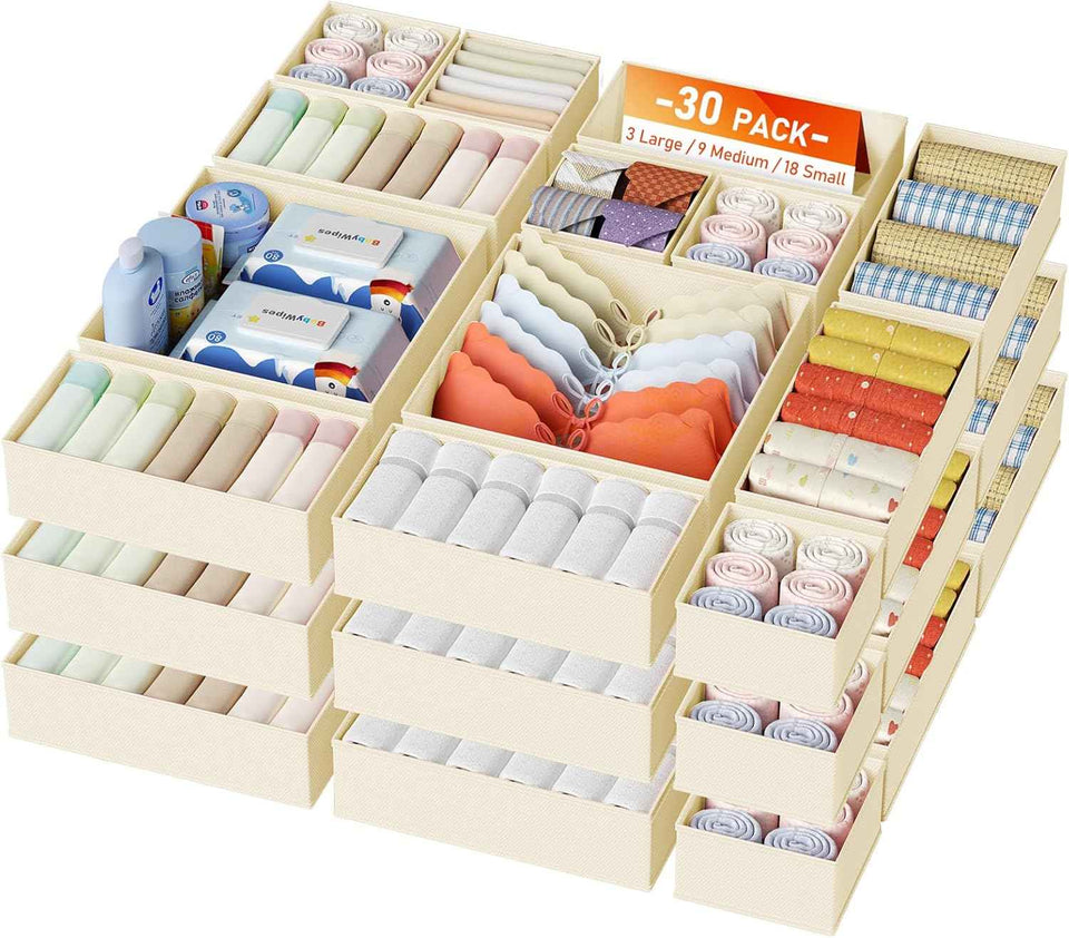 DIMJ Drawer Organizer Clothes, 12 Pack Dresser Organizer, Foldable Closet Organizers and Storage, Fabric Dresser Bins, Drawer Dividers for Nursery, Baby Clothes, Underwears, Sock (Beige)