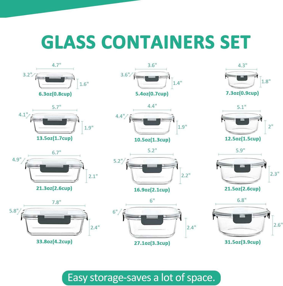 KOMUEE 24 Pieces Glass Food Storage Containers Set,Meal Prep Containers-Stackable Airtight Glass Storage Containers with lids,Freezer, Microwave, Oven Safe,Gray