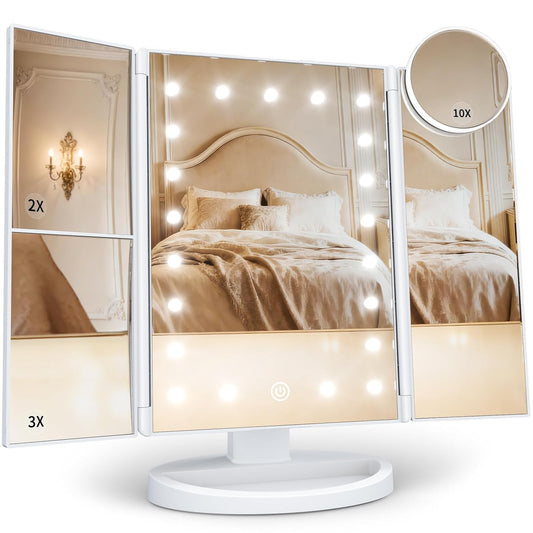 HUONUL Makeup Mirror, Vanity Mirror with Lights, 2X/3X/10X Magnification, Touch Control, Trifold, Dual Power Supply, Gifts for Women, Wife, Mom, Girls,Dorm Room Essentials
