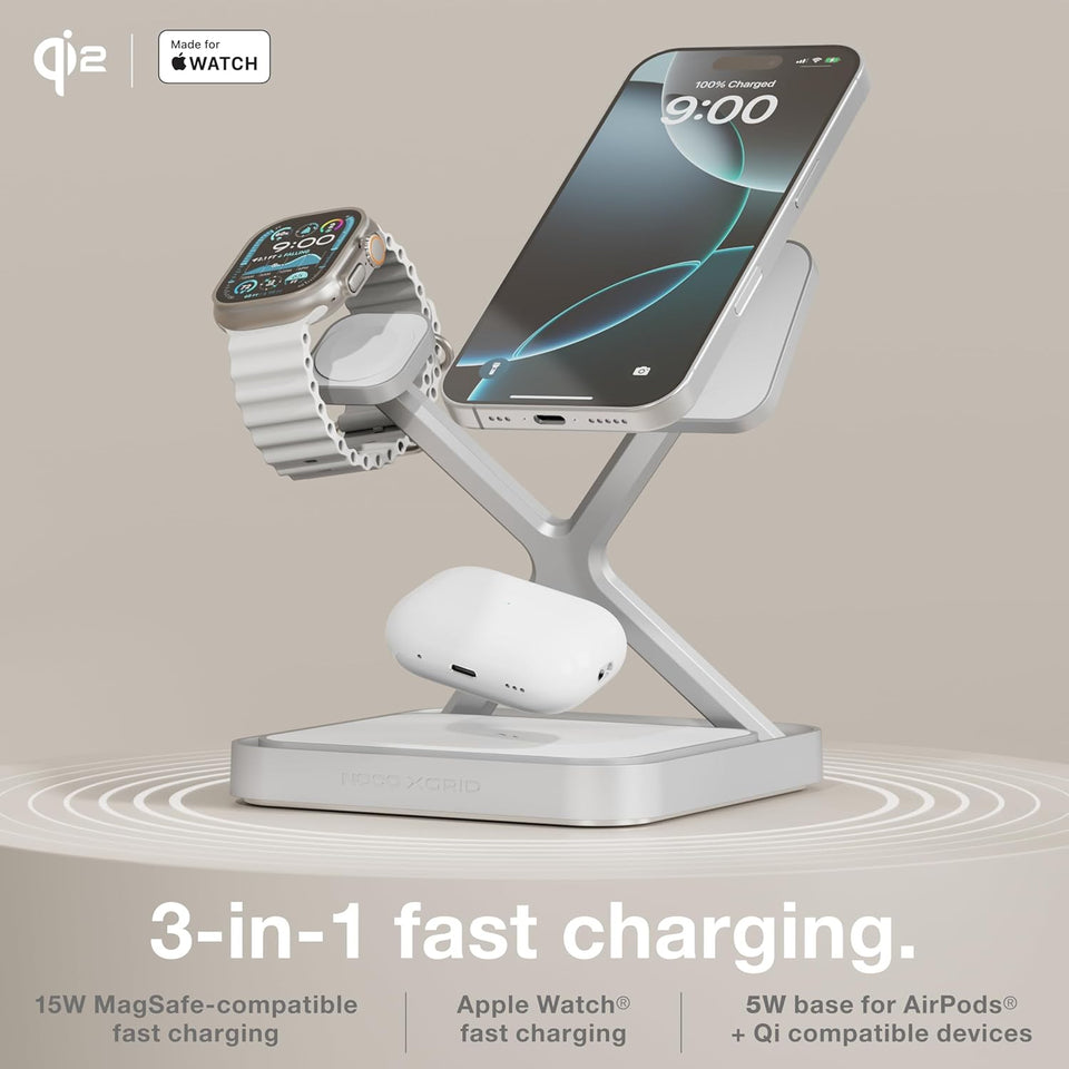 NOCO XGrid XDS3: 3-in-1 Wireless Charging Stand – Charging Station for iPhone, Apple Watch, and AirPods – MagSafe Compatible, Qi2 Certified – Includes 45W USB-C Wall Charger and 6.5-Foot USB-C Cable