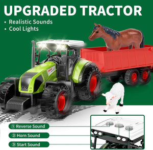 pupu pig kids farm animal toys set with tractor, horse stable, cowshed, chicken fence, lights & sound for boys toddlers ages 3+
