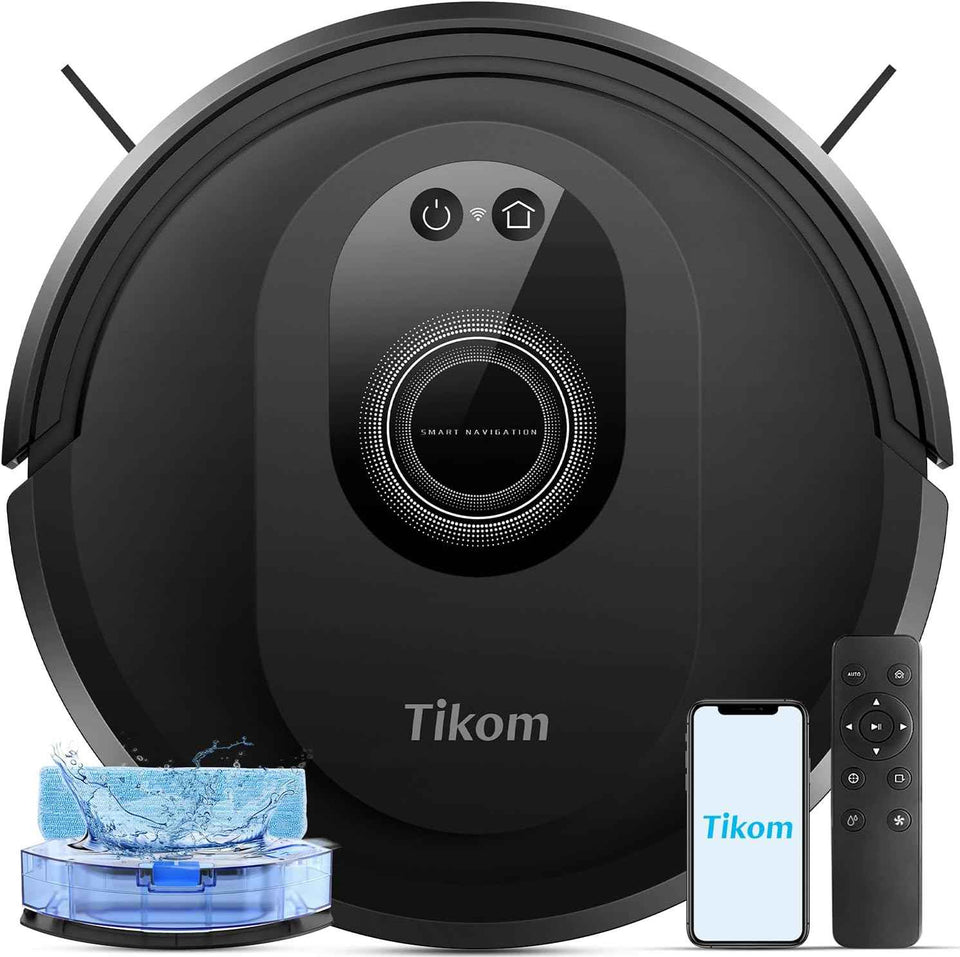 tikom robot vacuum and mop combo, 5000pa robotic vacuum cleaner, 150 min max, app & remote control, ideal for hard floor, carpet, pet hair, self-charge