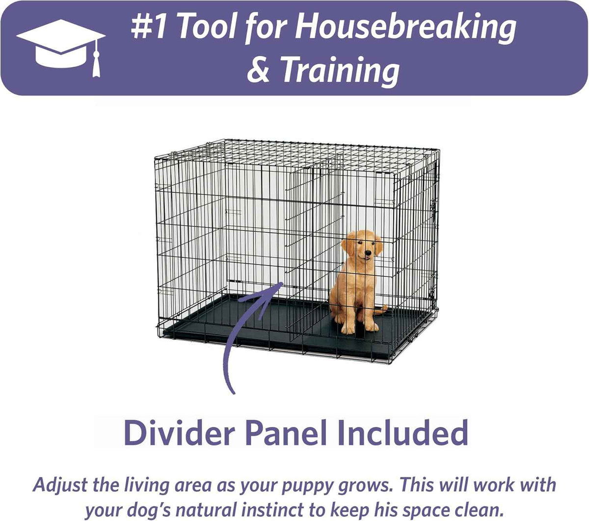 MidWest iCrate 36-inch metal wire dog crate with divider, leak-proof tray, and secure latches for medium large breeds