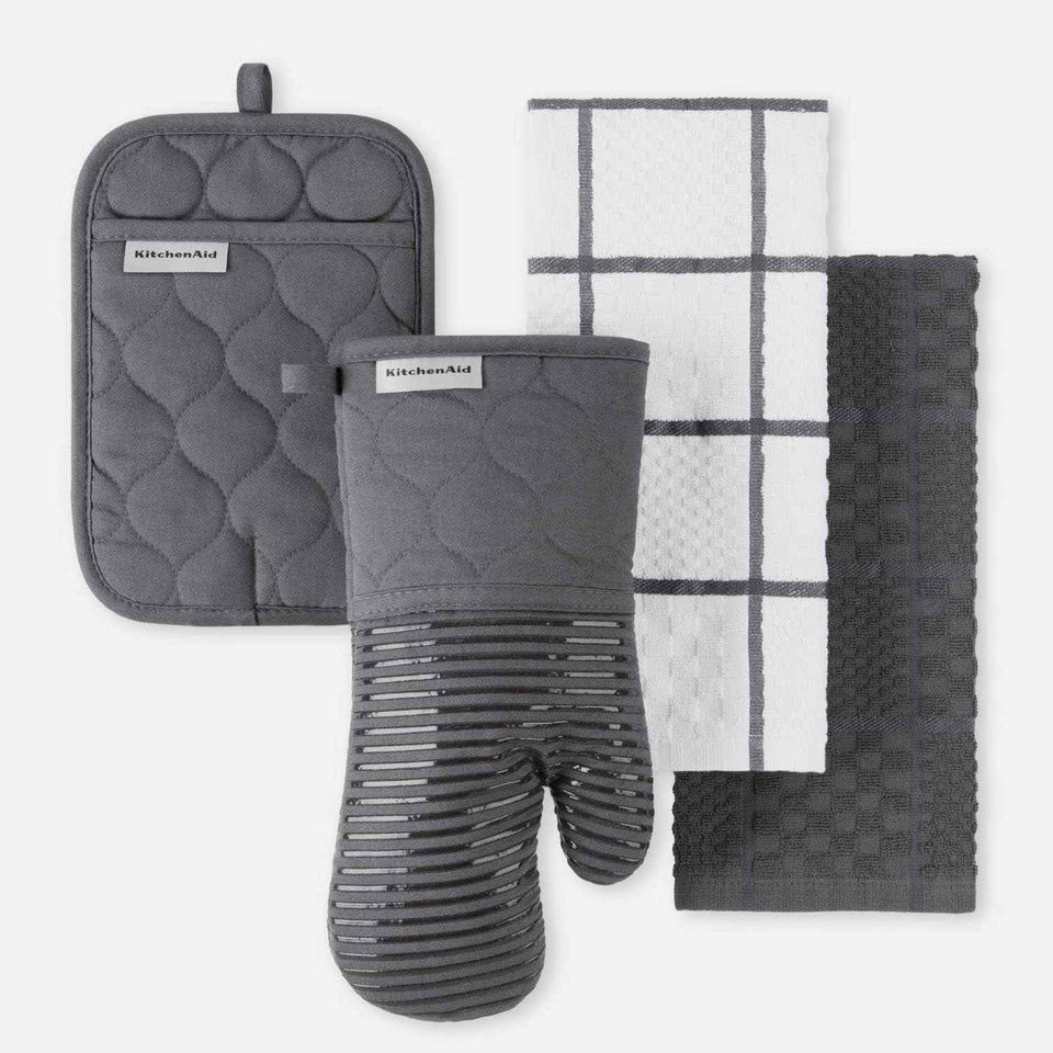 KITCHENAID Quilted Cotton Terry Cloth Oven Mitt, Pot Holder, Kitchen Towel 4-Pack Set, Heat Resistant, Silicone Grip, 16"x26", 7"x13" & 7"x10", Milkshake