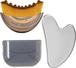 Stainless Steel Gua Sha Tool & Lymphatic Drainage Face Brush Set, TWPER Facial Massage Kit for Jawline Sculpting PLffiness Lifting Relaxation, Contour Face Brush with Storage Case