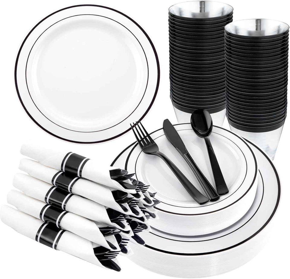 WELLIFE 700 Pieces Gold Plastic Dinnerware Set for 100 Guests - Includes Plates, Cups, Napkins, and Disposable Cutlery - Elegant White & Gold Design, Perfect for Parties and Events
