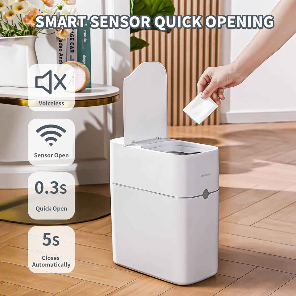 mopup automatic bagging 3.5 gallon slim smart plastic white trash can for bedroom office