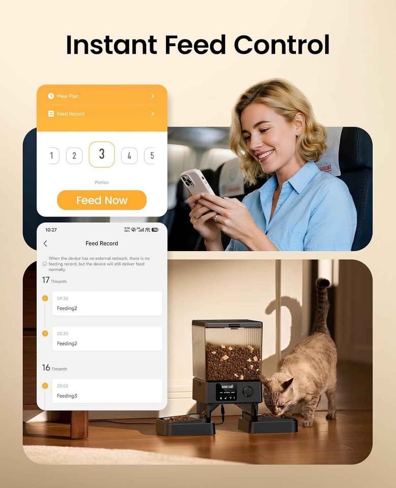 oneisall automatic cat feeder with 5g wifi, timed dry food dispenser for 2 small pets