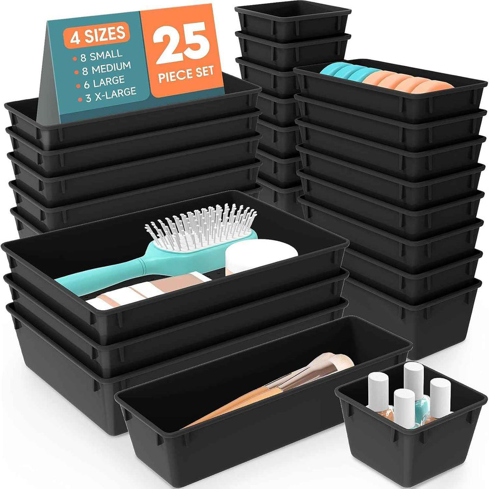 25 PCS Plastic Drawer Organizer Set, 4-Size Versatile Organizer Trays & storage Bins for Makeup, Jewelry, and Gadgets in Bathroom, Bedroom and Office,Clear Black