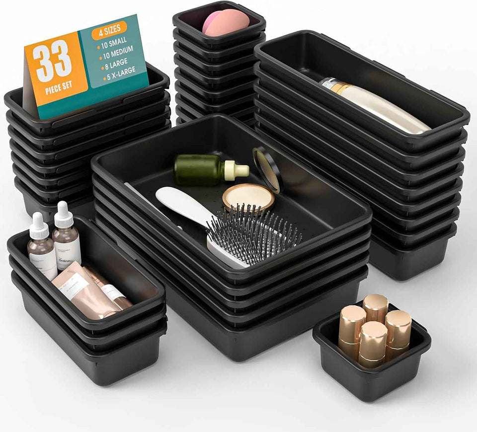 10 PCS Drawer Organizer Set, 4 Size Makeup Drawer Divider Organizer With Non-Slip Pads, Interlocking Plastic Storage Bins for Office,Jewelry Vanity,Gadgets, Bathroom,Kitchen, Black