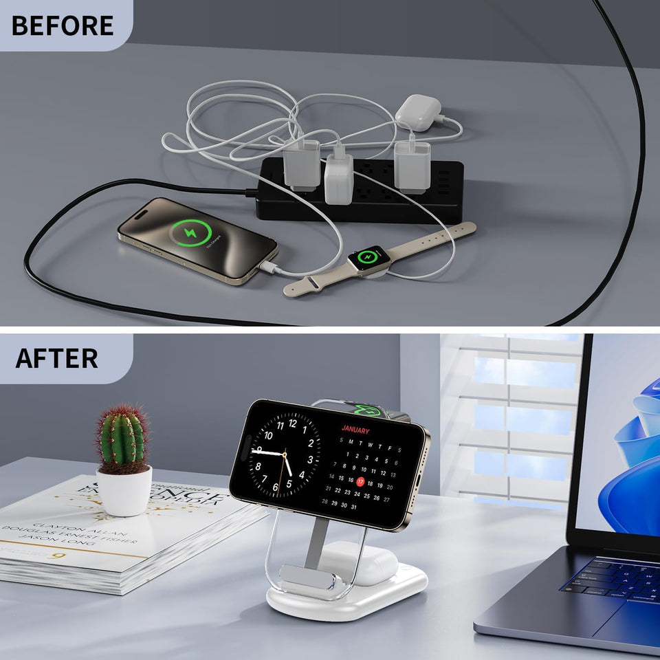 2025 Traveling Wireless Mag-Safe Fast Charging Station,Magnetic 3 in 1 Charger with Light for iPhone 17 16 15 14 13 12 Pro Max Plus,Apple Watch& Air pods 4 3 2 Pro-Gifts for Wife & Husband(White) - Zynora