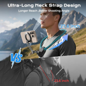【2026 Extended Long】 Magnetic Neck Mount for Phones, 27.6" Hands-Free POV/Vlog Phone Holder for iPhone 17–12 & Android, Content Creator Essentials for Go Pro DJI, Comfortable Natural Shooting Angle