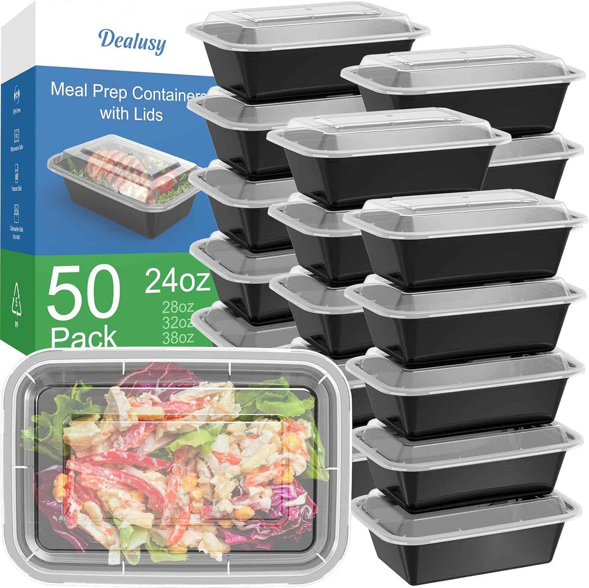 50 Pack (100-Piece) 28 oz Meal Prep Containers Reusable with Lids, Sturdy Leakproof & Food Safe, Microwave, Freezer, Dishwasher Safe Prep Containers, To Go Take Out Plastic Food Storage