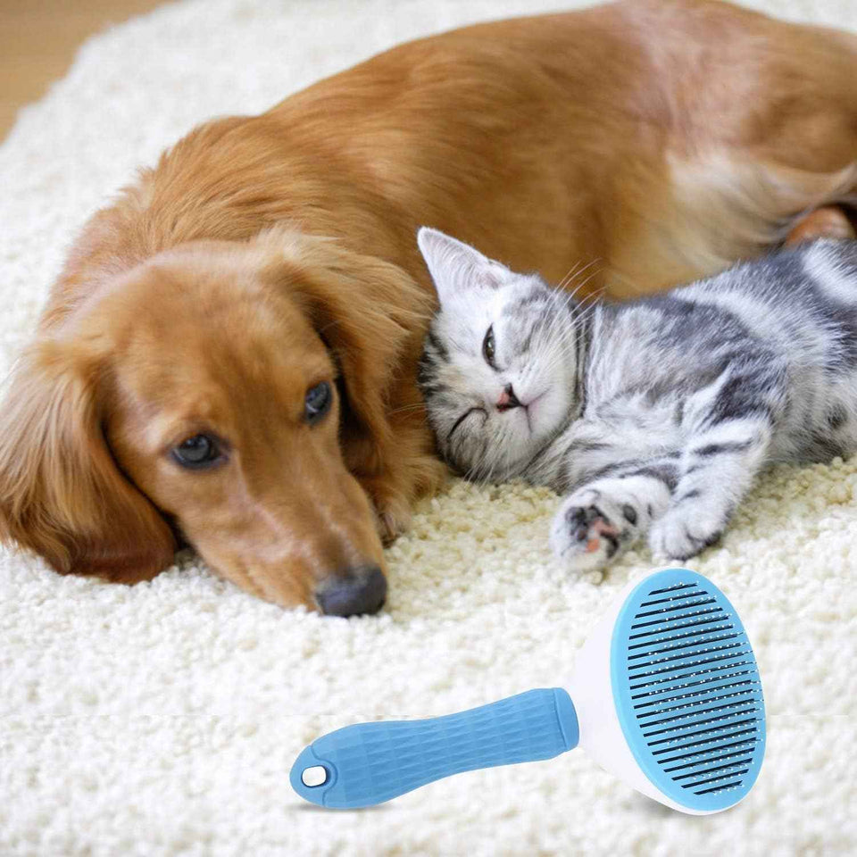 Depets self-cleaning slicker brush for dogs, cats, and bunnies with long or short hair - blue and white