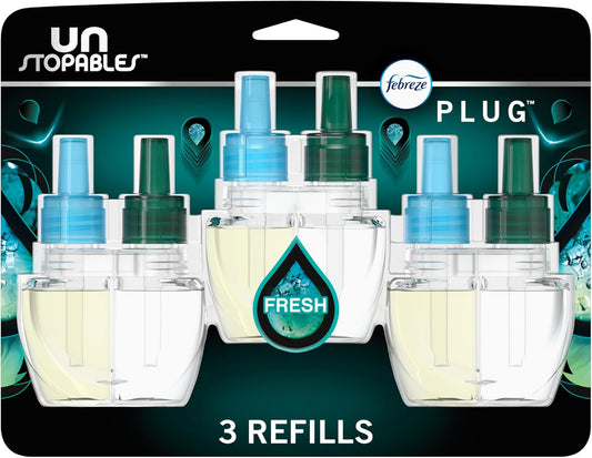 Febreze Plug in Air Freshener, Odor-Fighting Scented Oil Refill, Air Fresheners for Home and Bathroom and Kitchen, Long Lasting for Strong Odors, Unstopables Fresh Scent, 0.87oz Refills, 3 Count