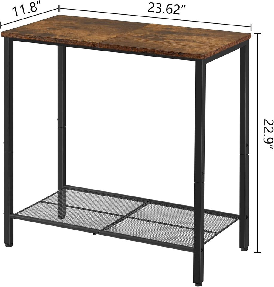 Hoctieon 2 Tier End Table, Sofa Side Table, Narrow Side Table with Storage, Slim Nightstand for Small Spaces, Metal Frame, for Living Room, Bedroom, Sofa Couch, Hall, Rustic Brown