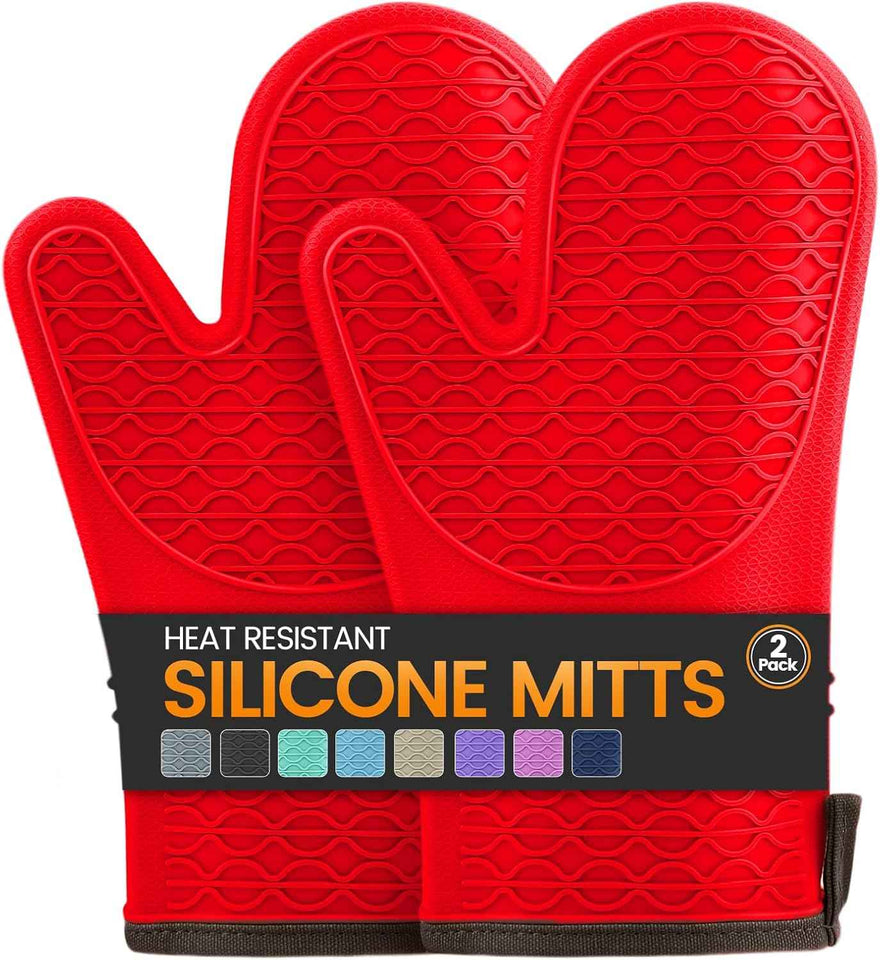 Silicone Oven Mitts, Heat Resistant 2PCS Oven Mitts with Soft Cotton Lining, Waterproof Non-Slip Grip Oven Glove, Kitchen Potholder Mits for BBQ, Baking, Cooking, 12.5 Inch - Grey