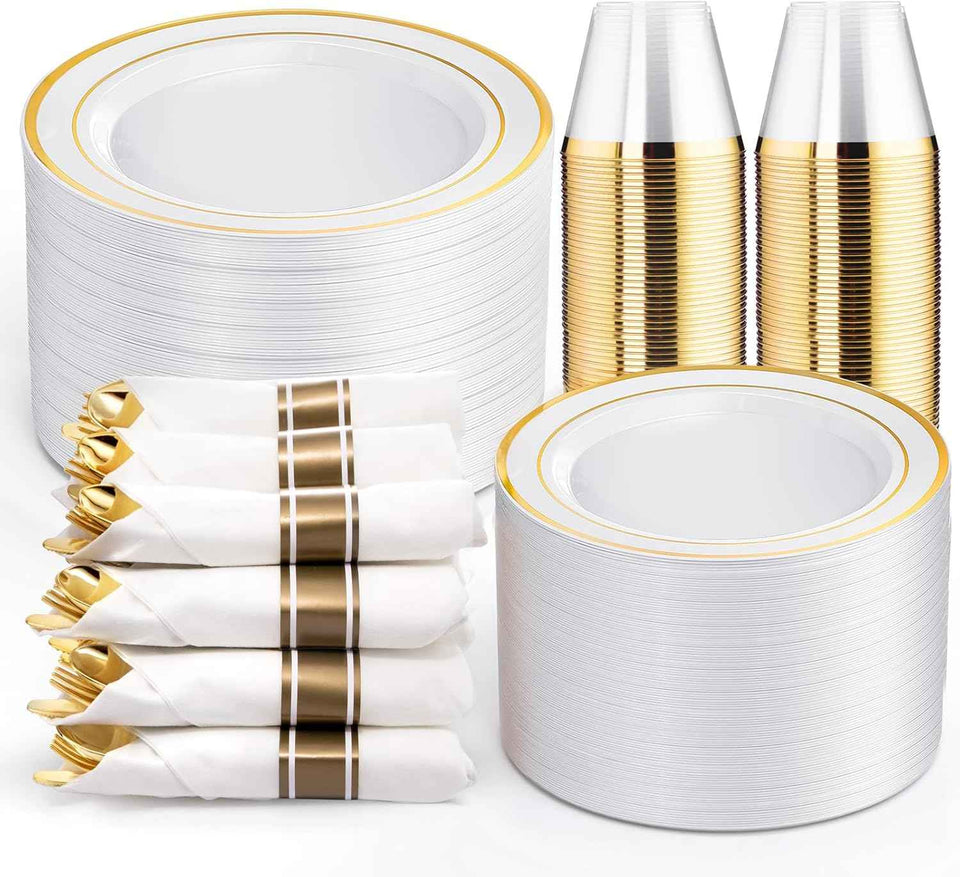 WELLIFE 700 Pieces Silver Plastic Dinnerware Set for 100 Guests - Includes Plates, Cups, Napkins, and Disposable Cutlery - Elegant White & Silver Design, Perfect for Parties and Events