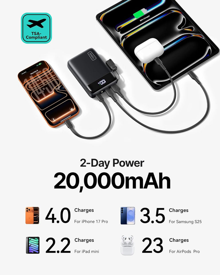 INIU Power Bank, Smallest 20000mAh Portable Charger with USB C Cable, 22.5W PD Fast Charging Phone Battery Pack, LED Display Powerbank for Travel Xiaomi iPhone 17 16 15 14 Samsung S25 Google iPad etc