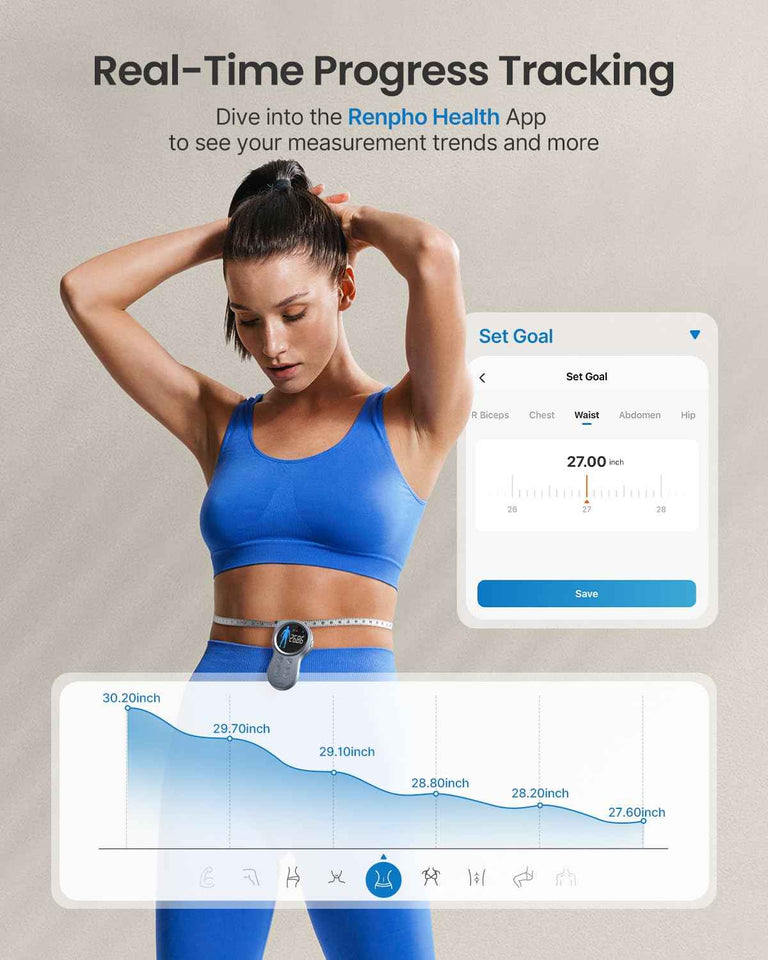 Renpho Smart Tape Measure with Bluetooth, Large Display, Weight Loss Fitness Tracker for Body Measuring Circumference Length