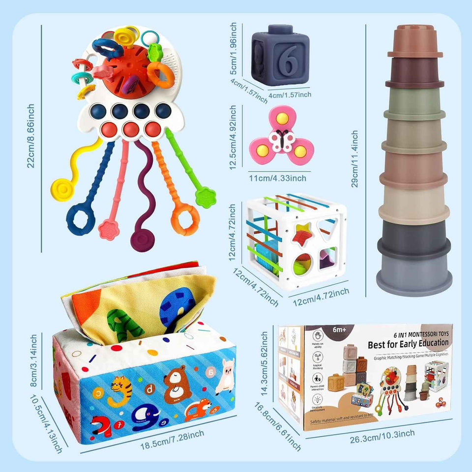 EPOGG 6-in-1 Montessori toys for babies 6-12 months, includes pull string toy, stacking cups, and more