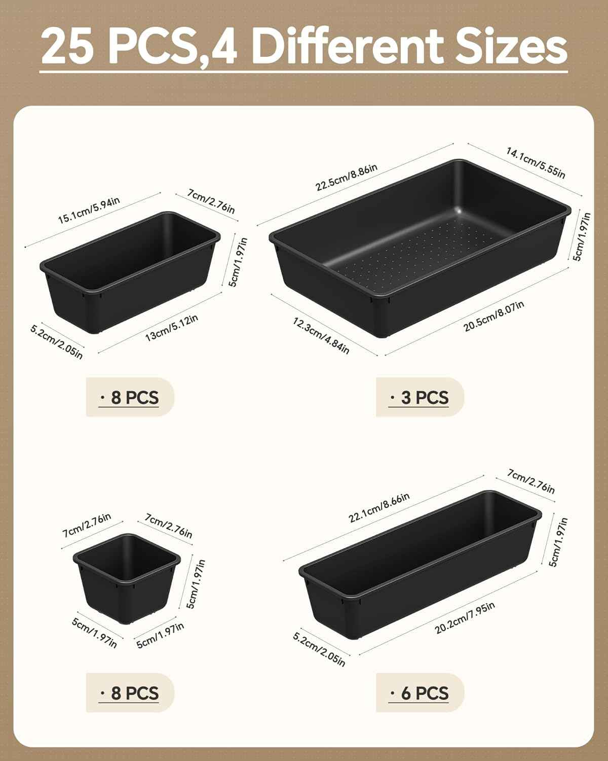 25 PCS Plastic Drawer Organizers Set, 4 Sizes Vanity Organizer, Makeup and Desk Drawer Organizer Trays, Organization and Storage for Makeup, Bathroom, Kitchen Utensils and Office (Black)