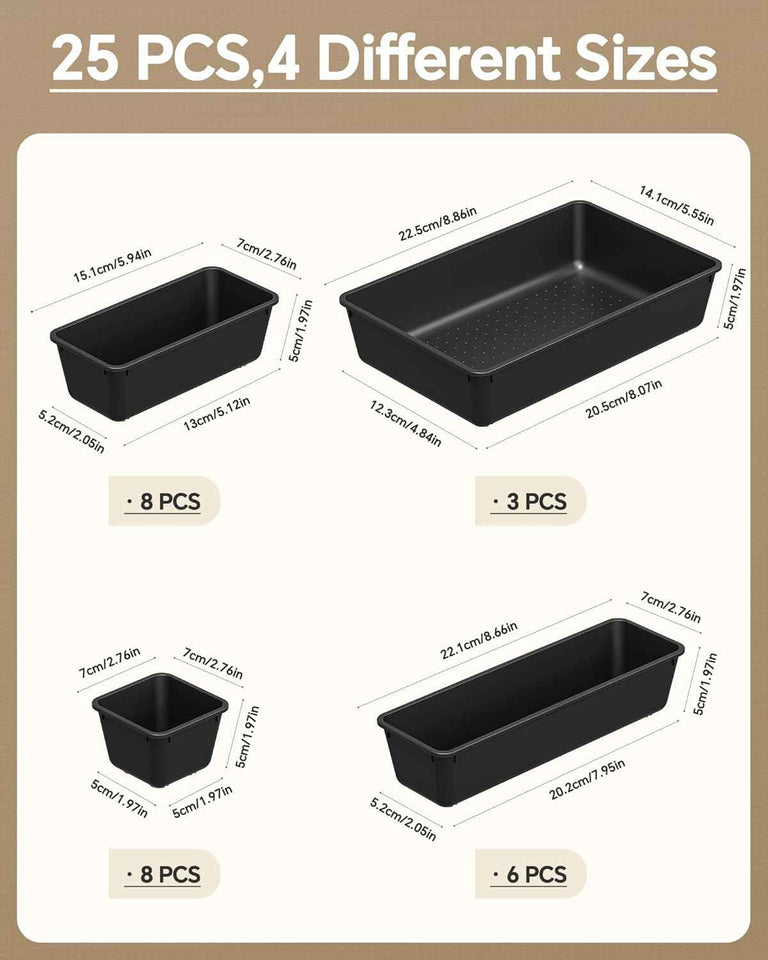 25-piece plastic drawer organizer set, 4 sizes, black, for makeup and desk storage