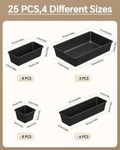 25-piece plastic drawer organizer set, 4 sizes, black, for makeup and desk storage