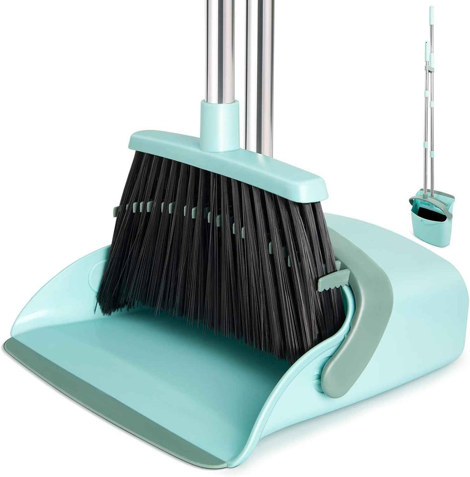 Broom and Dustpan Set with Long Handle, Light Weight Stainless Steel Poles Stand Upright Dustpans with Broom Combo for Home Kitchen Office Pet Dog Hair, Brown & Beige Color, 1-Pack