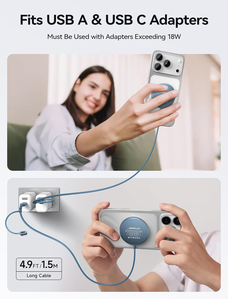 JSAUX Charger for iPhone 17 Magsafe Wireless Charging, Compatible with iPhone 17 Air Pro Max/16/15/14/13/12 Series, Magnetic Mag Safe Charging Pad, Aluminum Alloy, USB & USB C Dual Ports - Blue