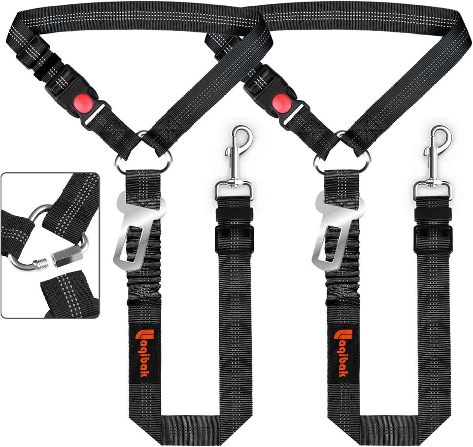 Removable Dog Seat Belt Harness for Car, 3 in 1 Pet Dog Car Seatbelt Leash, Retractable Restraint Secures to Vehicle Headrest & Adjustable Reflective Bungee Dog Seatbelt Tether, Blue and Black