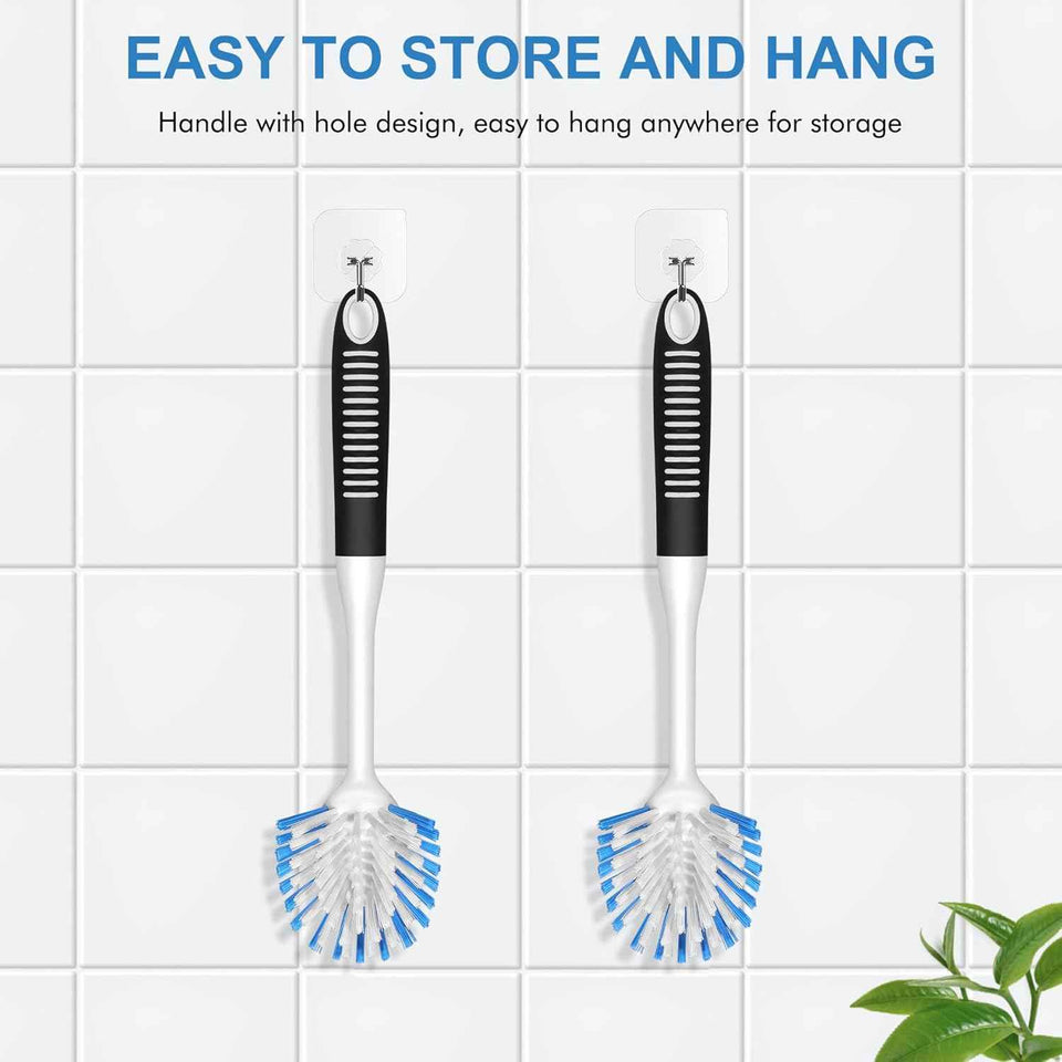 SetSail Dish Brush with Handle, 2 Pack Stiff Bristles Dish Scrubber with Built-in Scraper Dish Scrub Brushes for Cleaning Dishes, Pots and Pans, Kitchen Sink