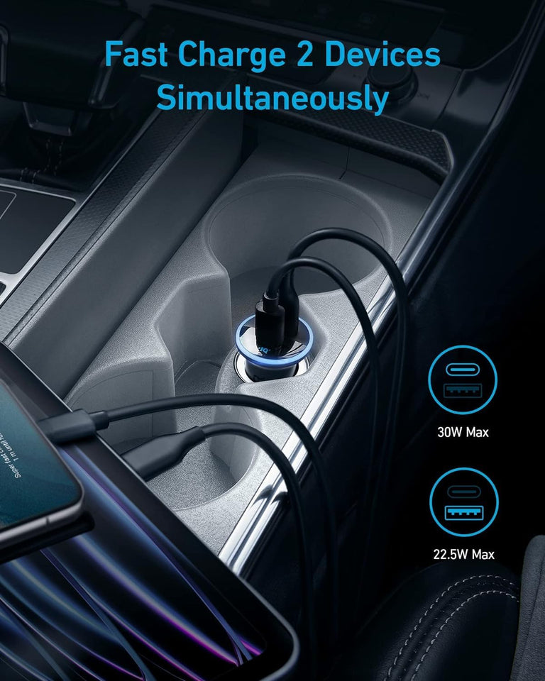 anker 52.5w dual-port usb-c car charger for iphone and galaxy with poweriq 3.0