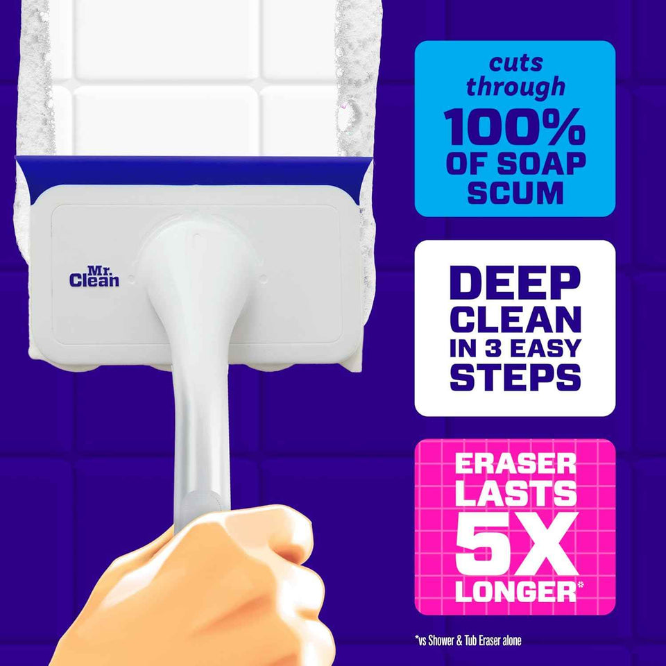 Mr. Clean Magic Eraser Shower & Tub Scrubber, Bathroom Cleaner, All in One Bathroom Cleaner, Lemon Starter Kit, 1 Scrubber & 2 Foaming Magic Erasers